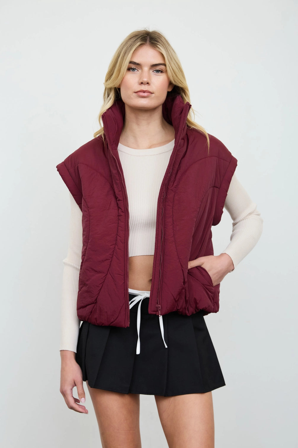 Black Cherry Quilted Mock Neck Puffer Vest