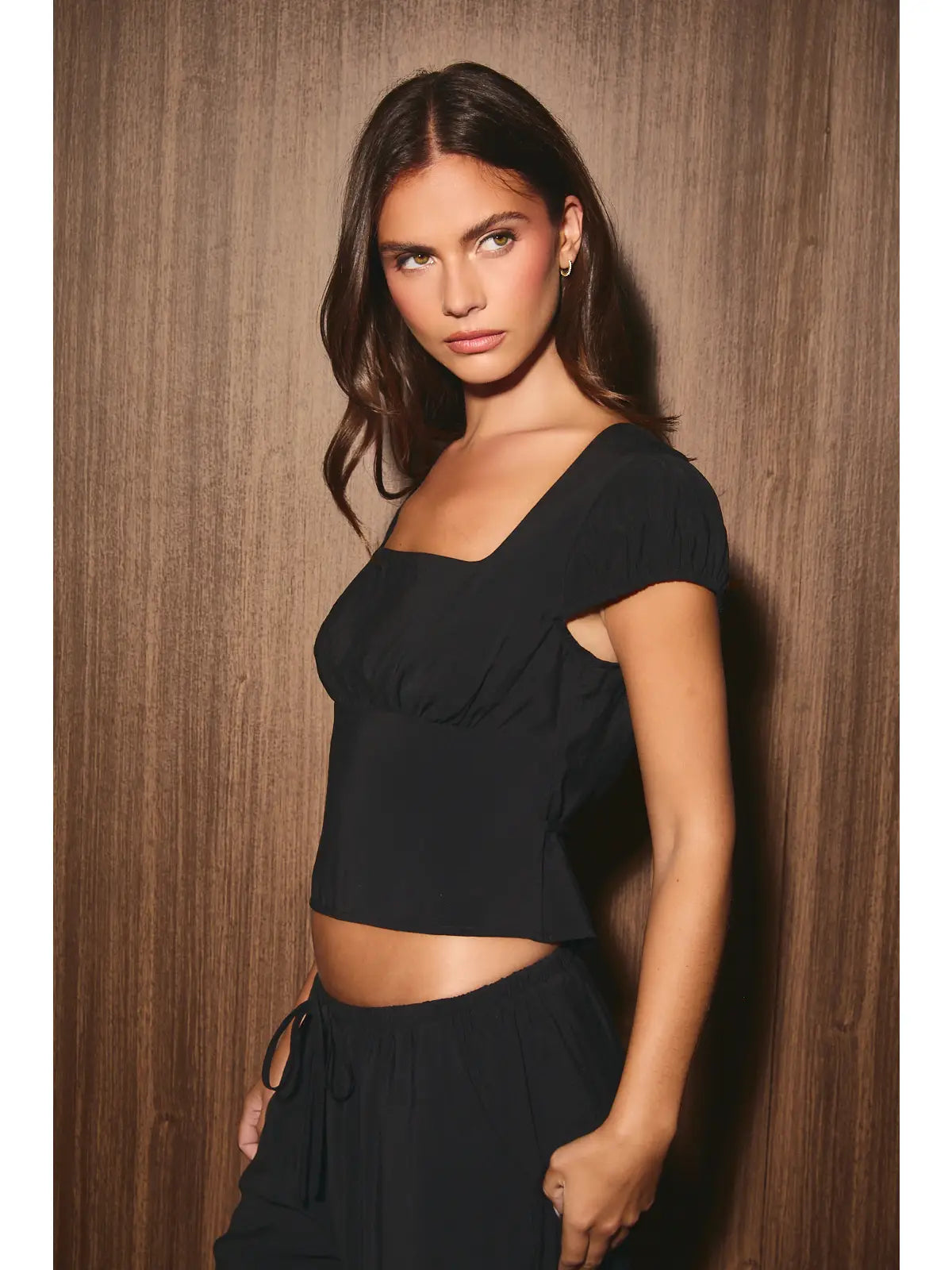 Black Square Neck Cap Sleeve Top