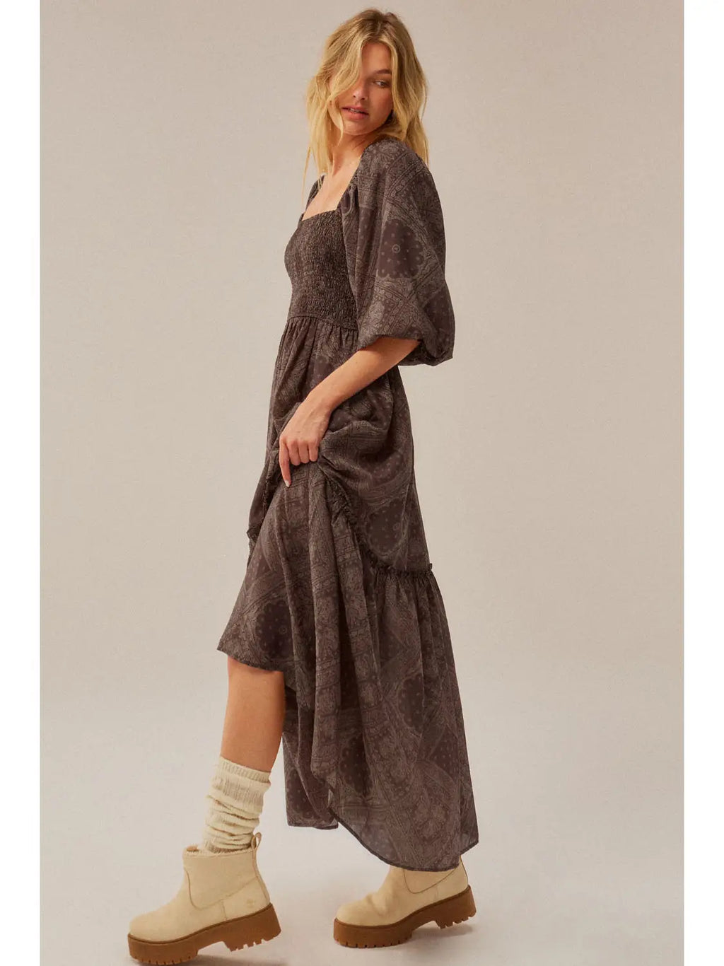 Brown Bandana Print Puff Sleeve Maxi Dress