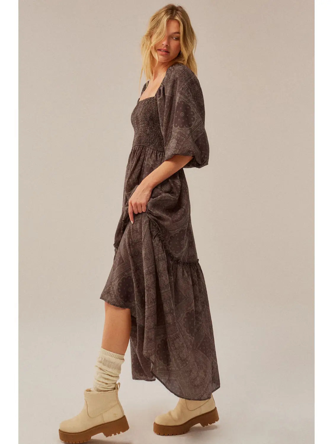 Brown Bandana Print Puff Sleeve Maxi Dress