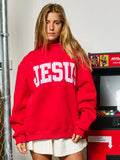 Red Jesus Gingham Embroidered Mock Neck Sweatshirt