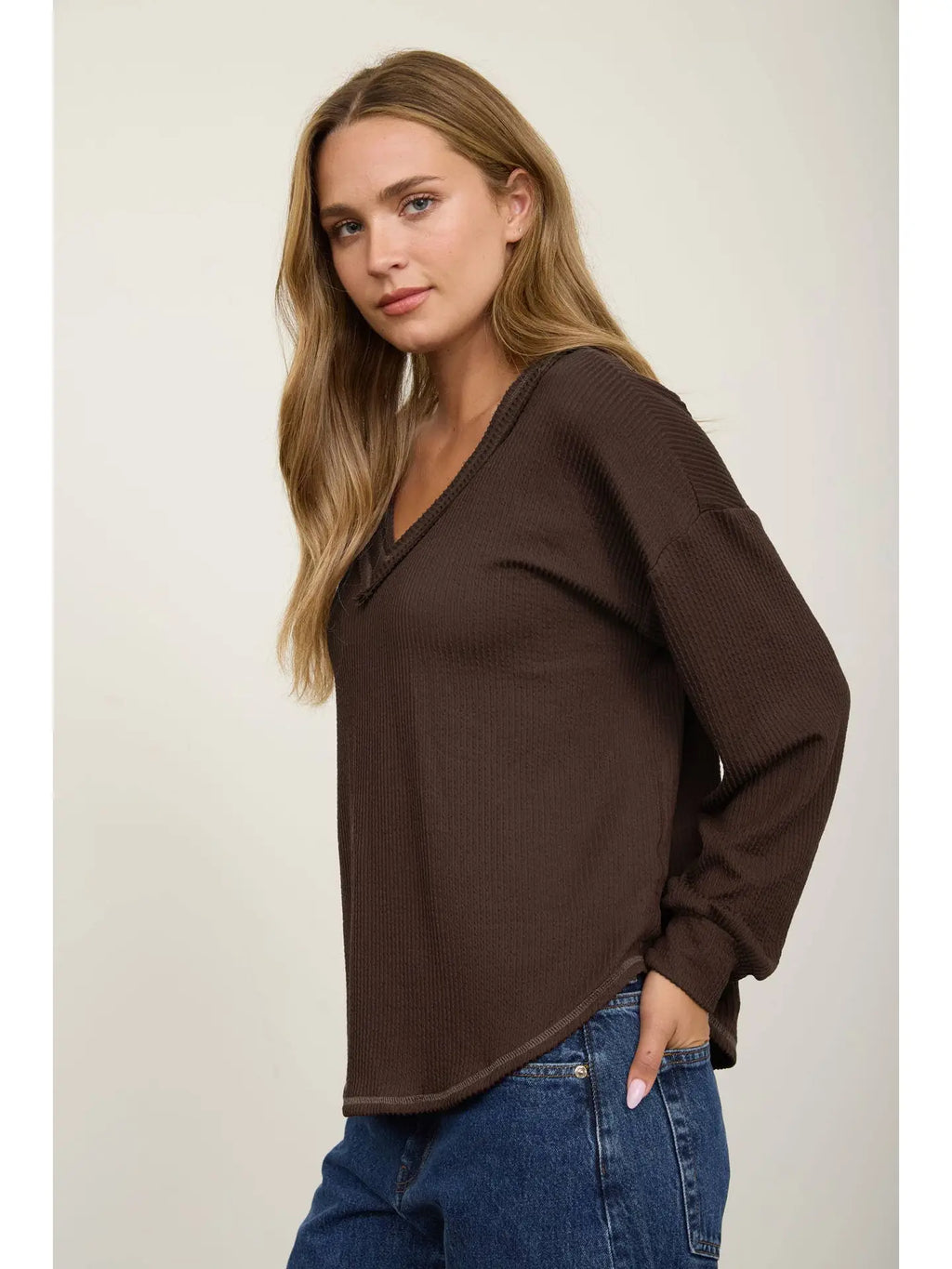 Chocolate Brown Raw Edge Textured Knit Top