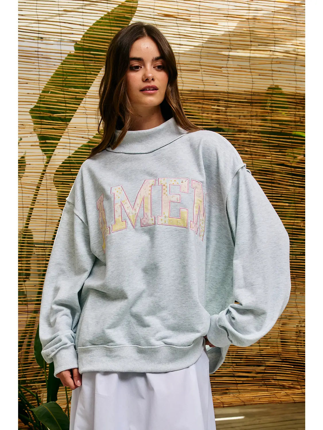 Heather Grey Amen Patchwork Mock Neck Sweatshirt