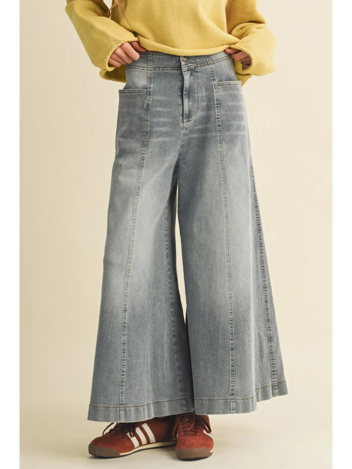 Washed Denim Vertical Seam Wide-Leg Trousers