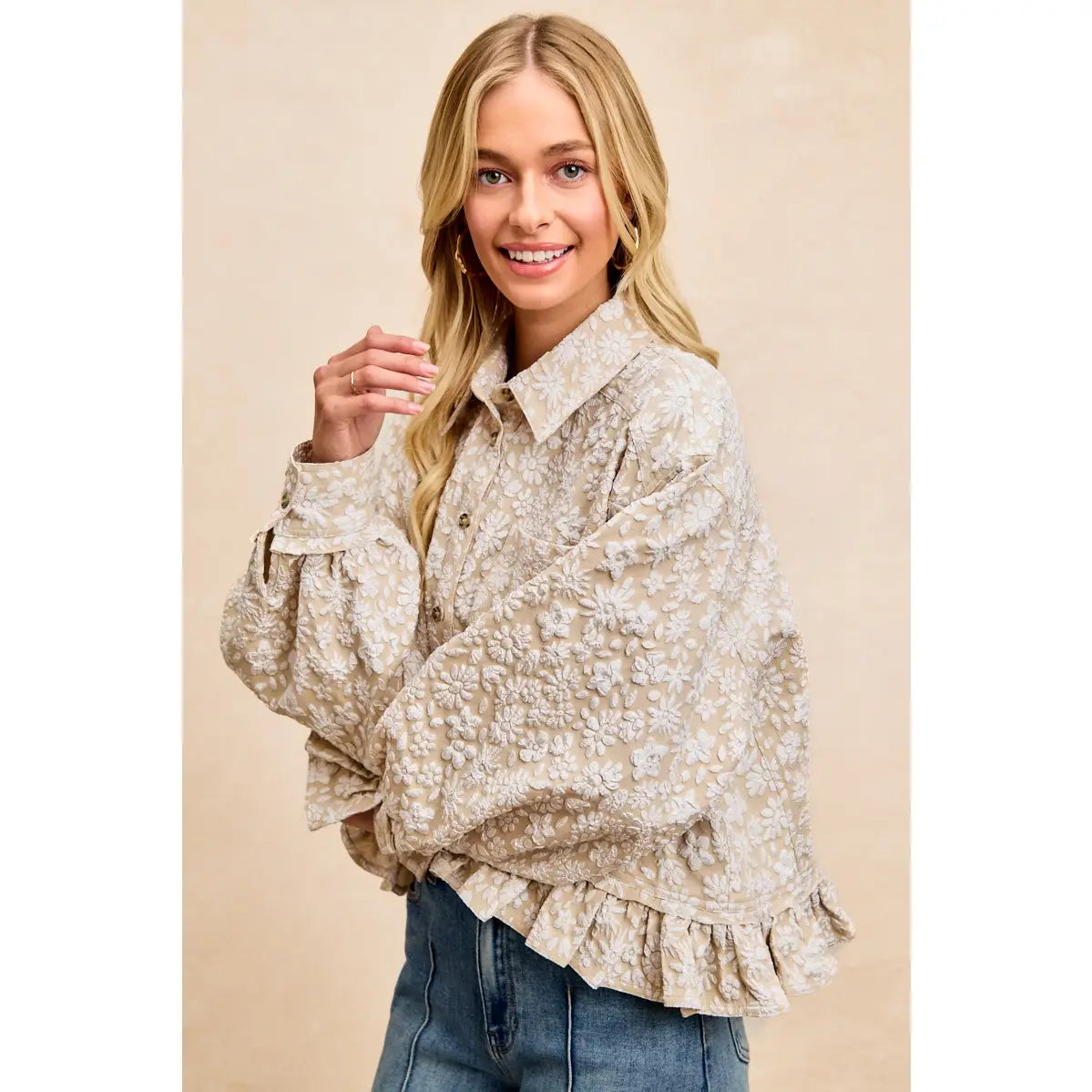 Oatmeal Textured Floral Ruffle Hem Top