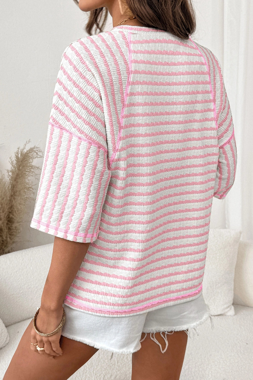 Pink Stripe Textured Knit Split Hem Top