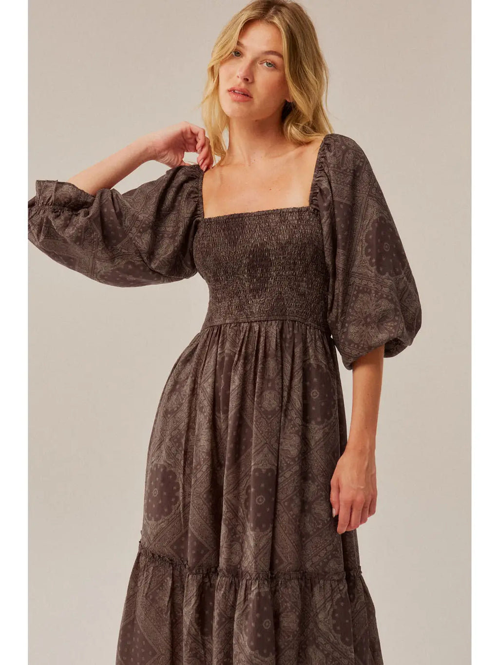 Brown Bandana Print Puff Sleeve Maxi Dress