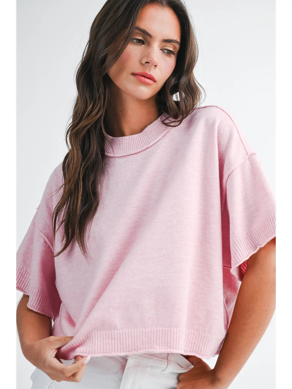 Pink Cropped Short Sleeve Sweater