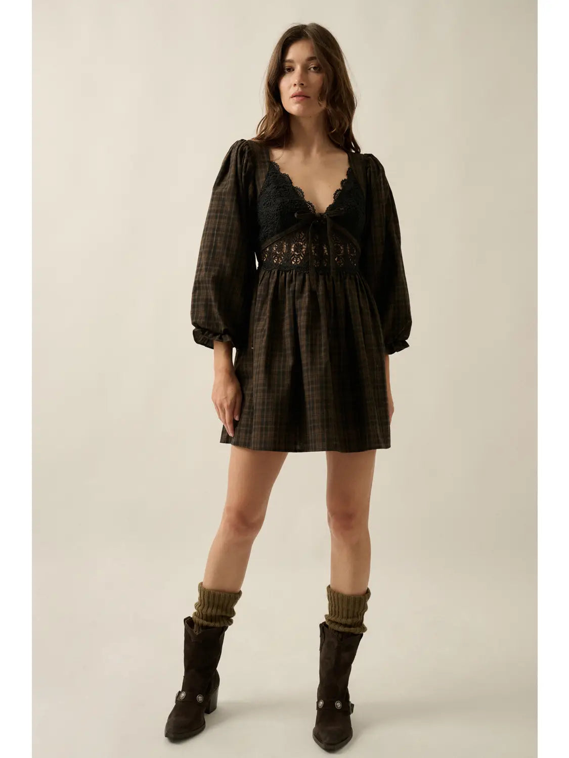Black Plaid & Lace Bubble Sleeve Mini Dress