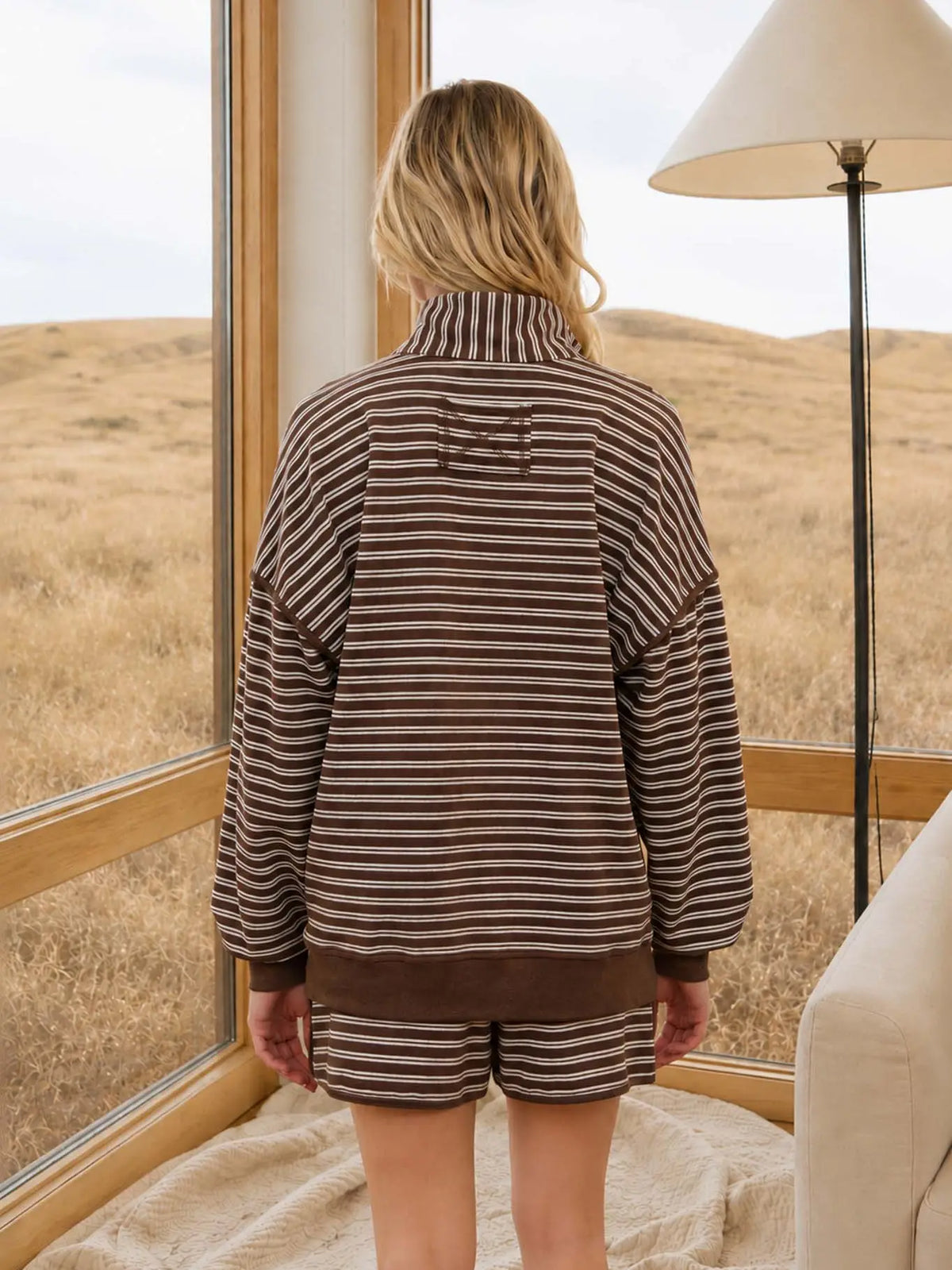 Chocolate Brown Half-Zip Stripe Contrast Knit Top