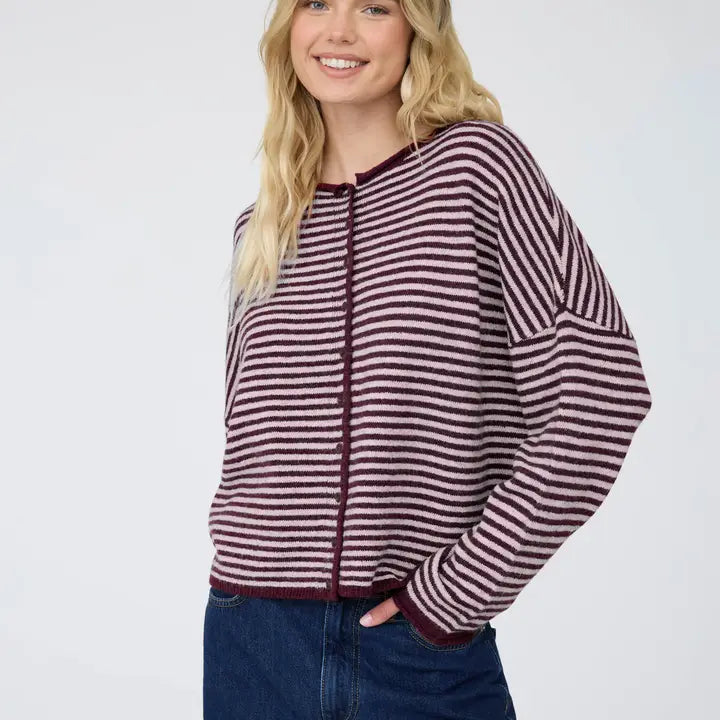 Burgundy Stripe Raw Edge Button Down Cardigan