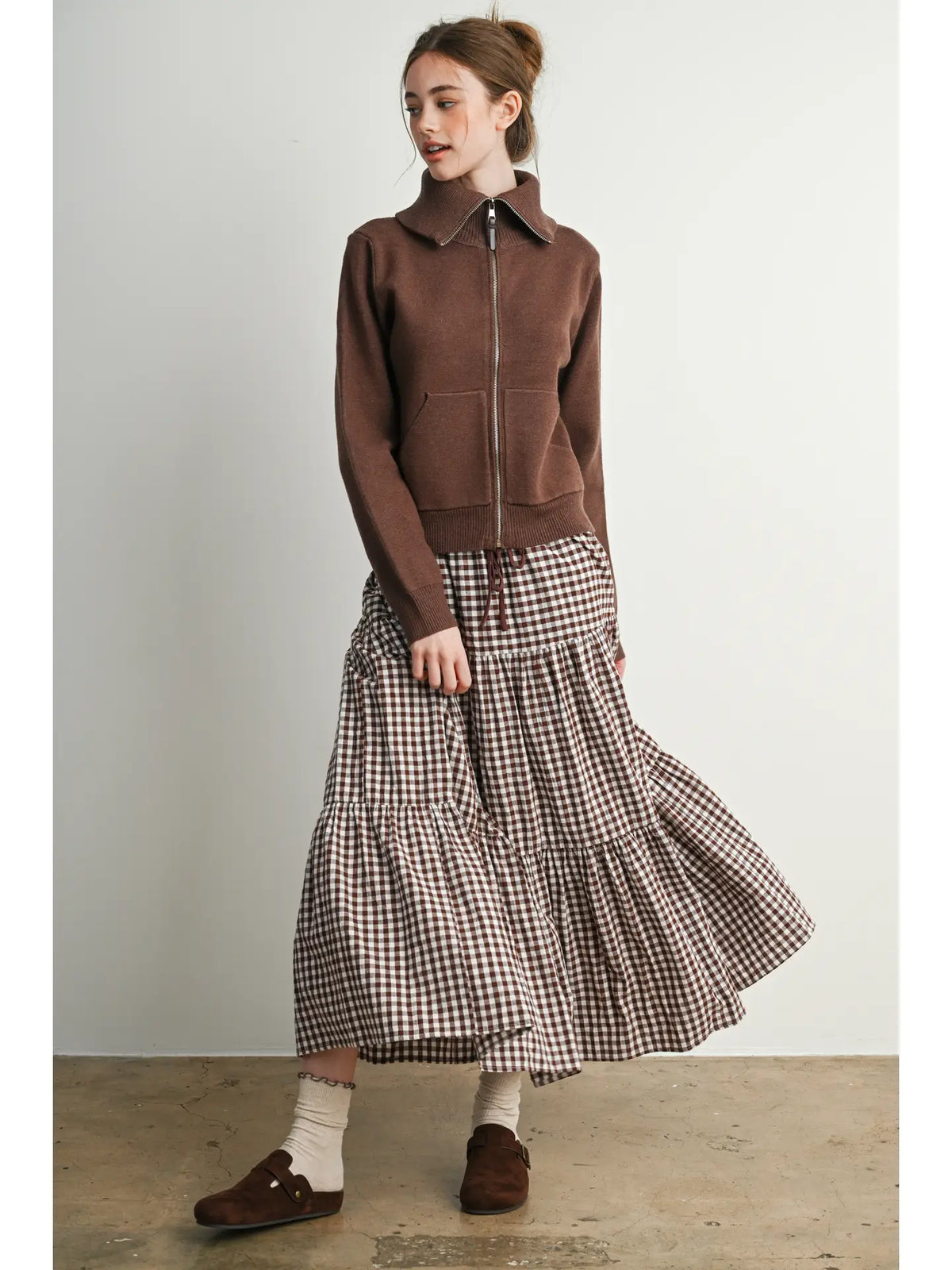 Brown & Ivory Gingham Tiered Maxi Skirt