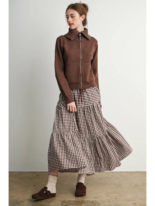 Brown & Ivory Gingham Tiered Maxi Skirt