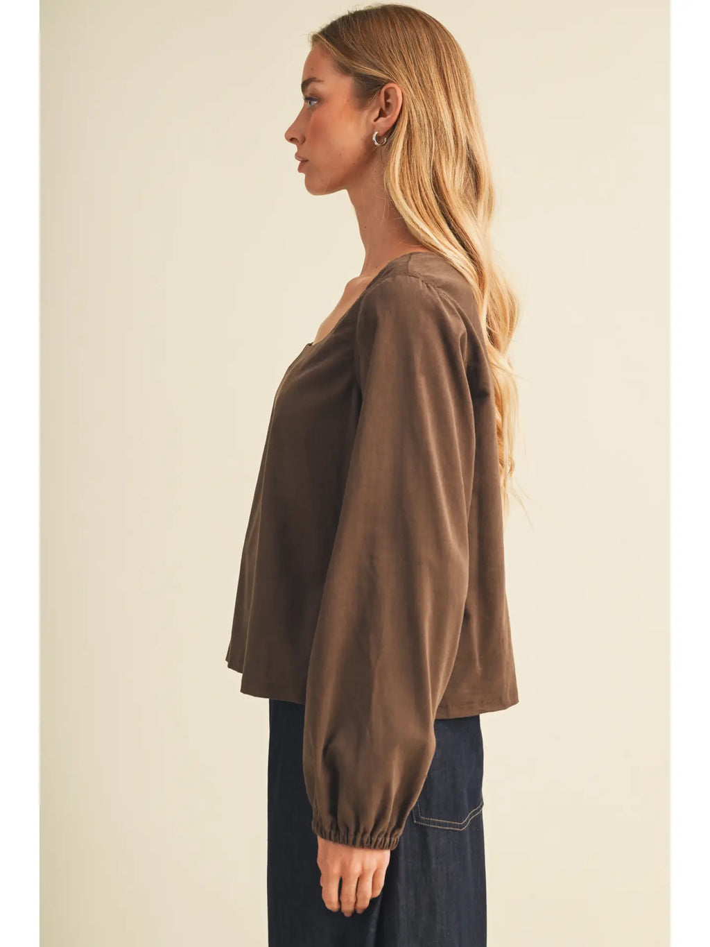 Brown Square-Neck Voluminous Sleeve Blouse