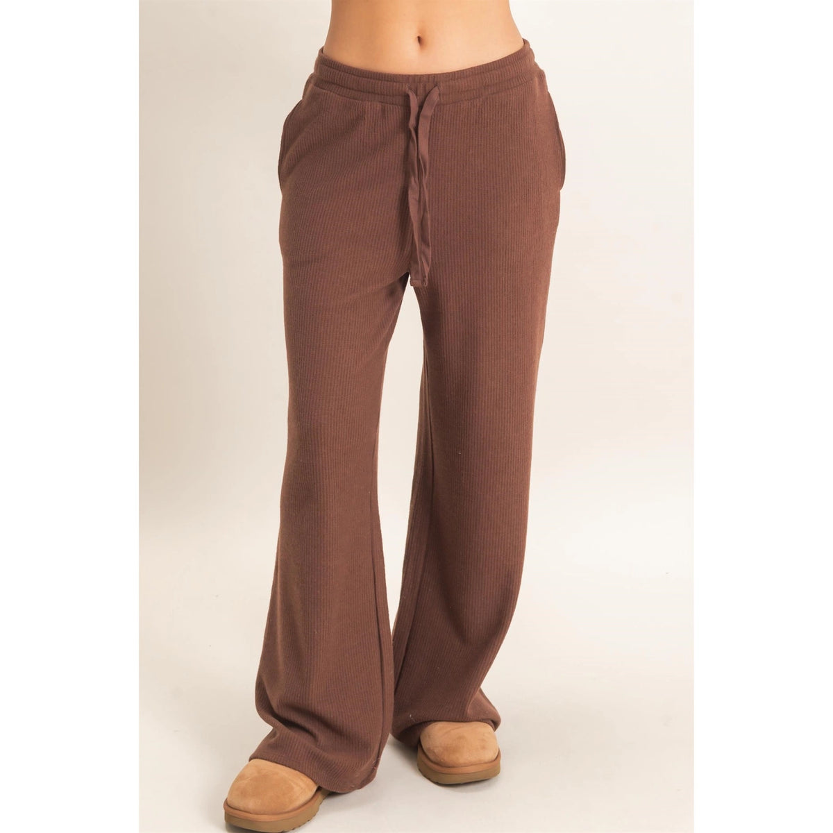 Dark Brown Brushed Waffle Wide Leg Pants