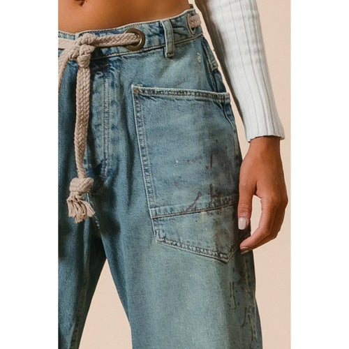 Braided Belt Washed Denim Pants