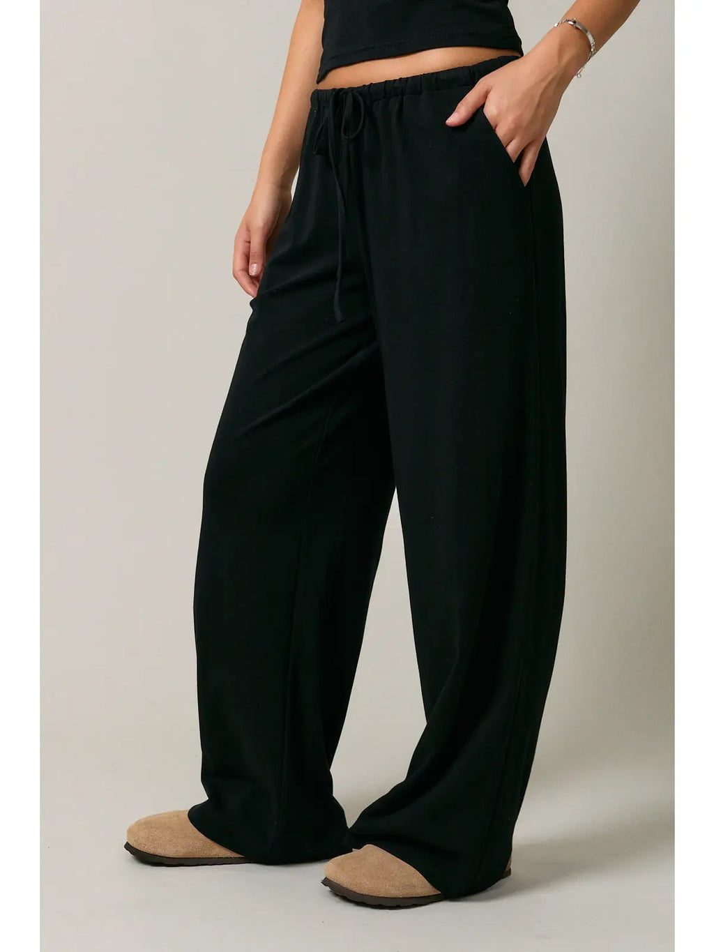 Black Drawstring Wide Leg Pants
