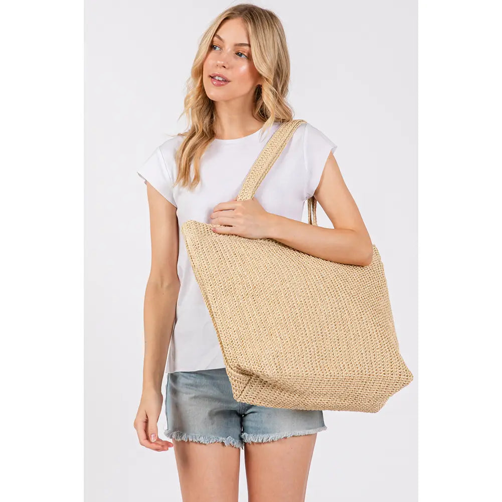 Solid Color Crochet Summer Straw Tote Bag