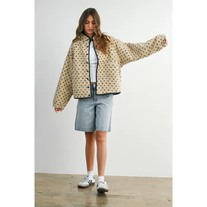 Taupe & Navy Fern Dot Sherpa Fleece Snap Jacket