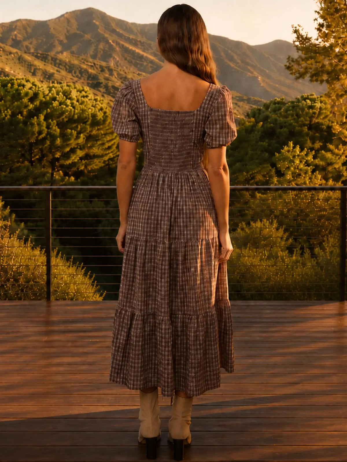 Mocha Plaid Puff Sleeve Corset Midi Dress