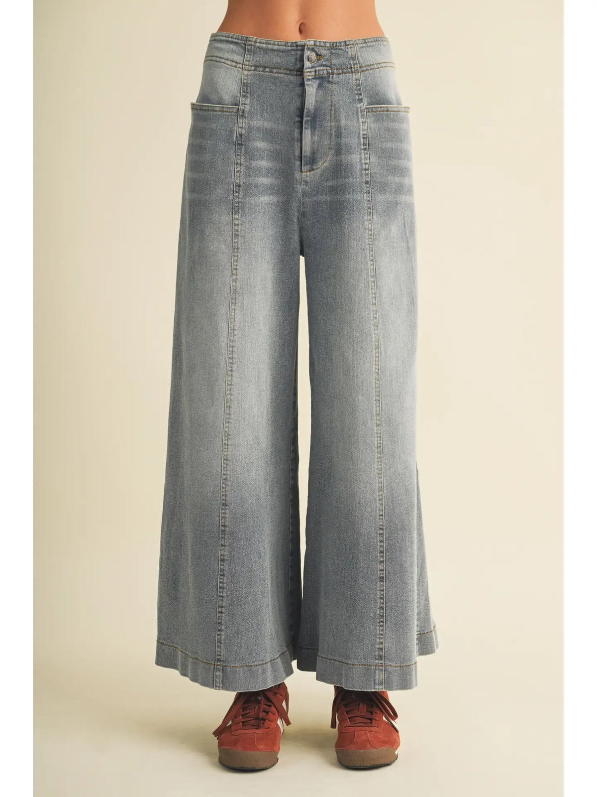 Washed Denim Vertical Seam Wide-Leg Trousers