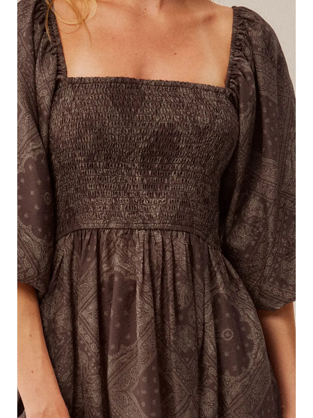 Brown Bandana Print Puff Sleeve Maxi Dress