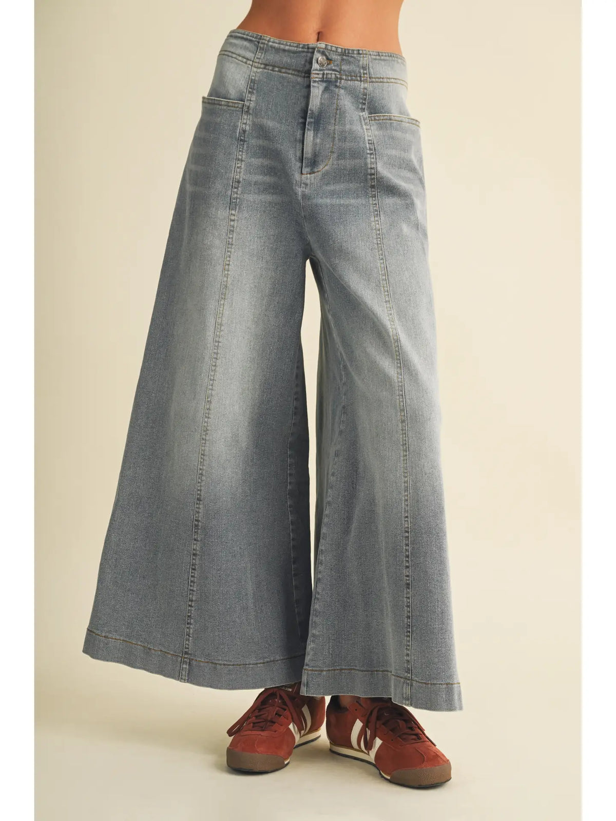 Washed Denim Vertical Seam Wide-Leg Trousers