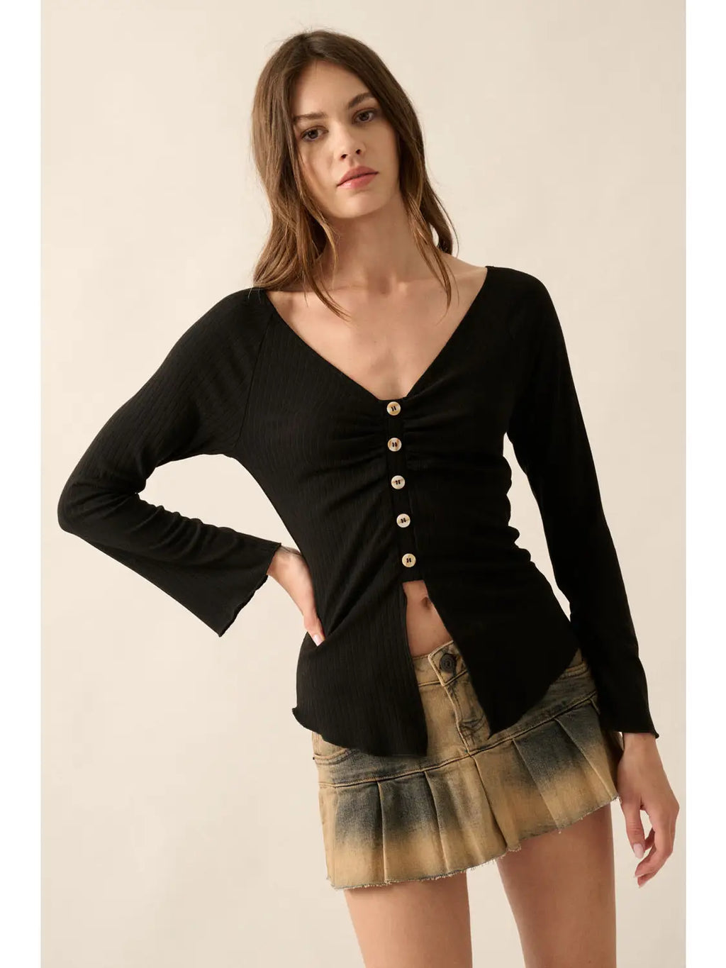 Black Ruched Ribbed Knit Top