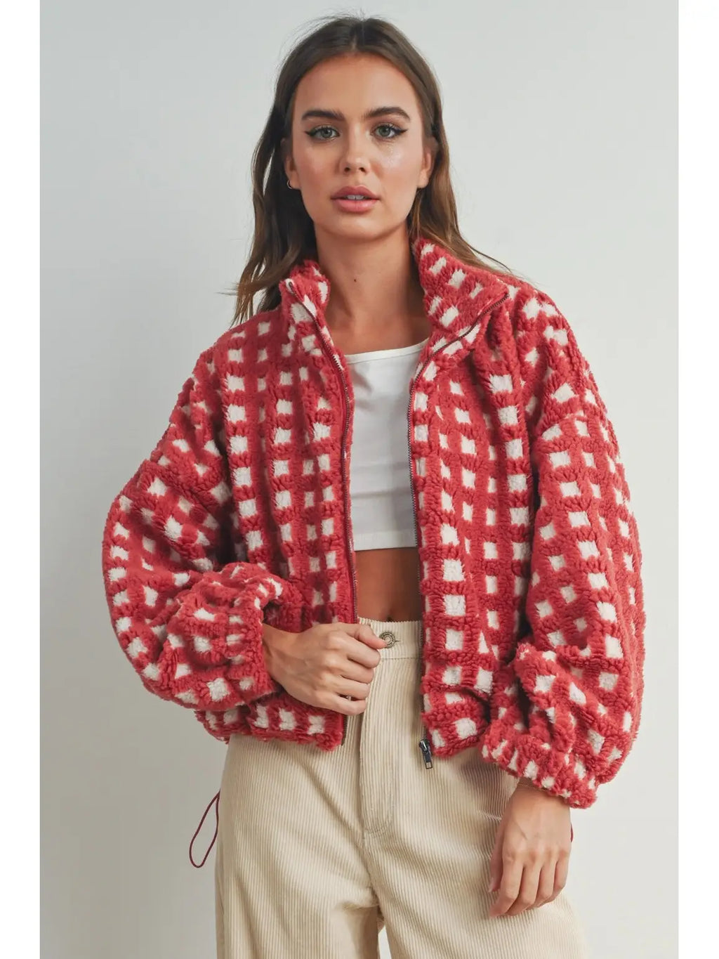 Red Multi Breck Check Sherpa Fleece Jacket