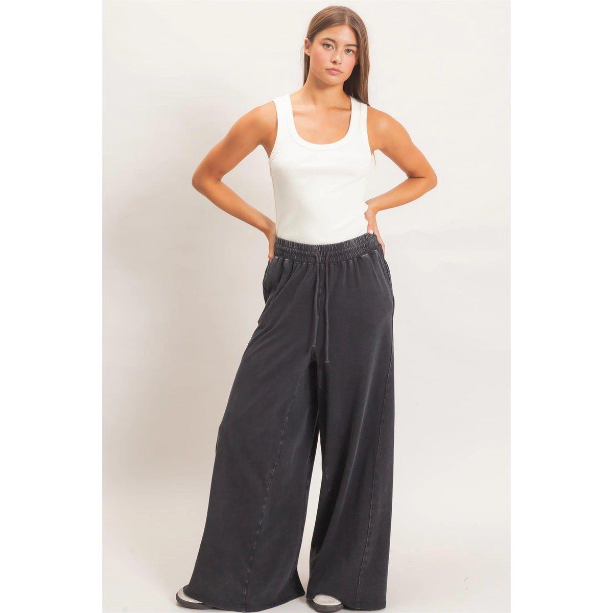 Black Mineral Wash Wide Leg Pants