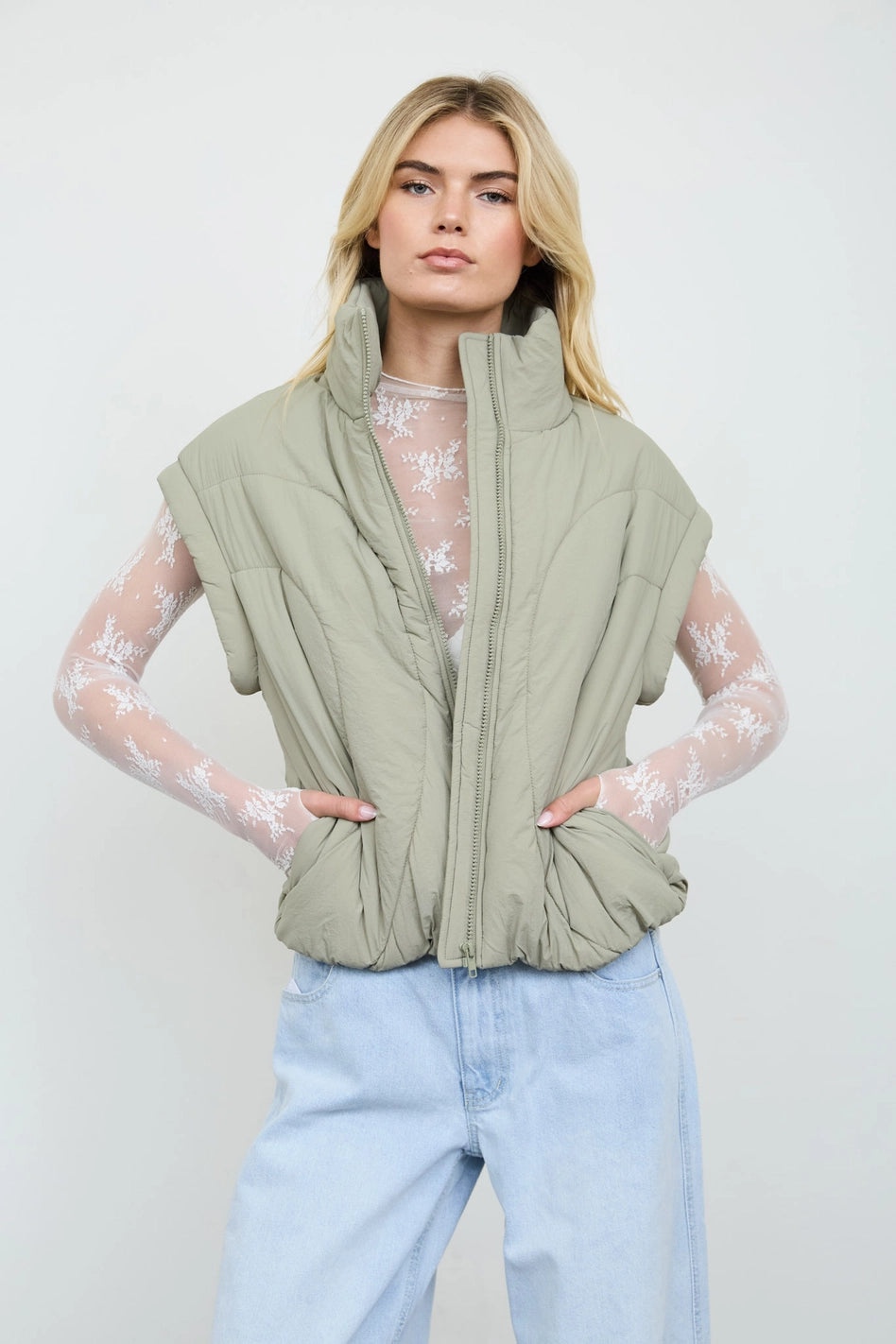 Olive Quilted Mock Neck Puffer Vest
