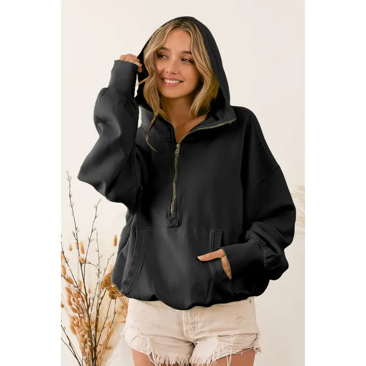 Black Stitch Detailed Half-Zip Fleece Hoodie