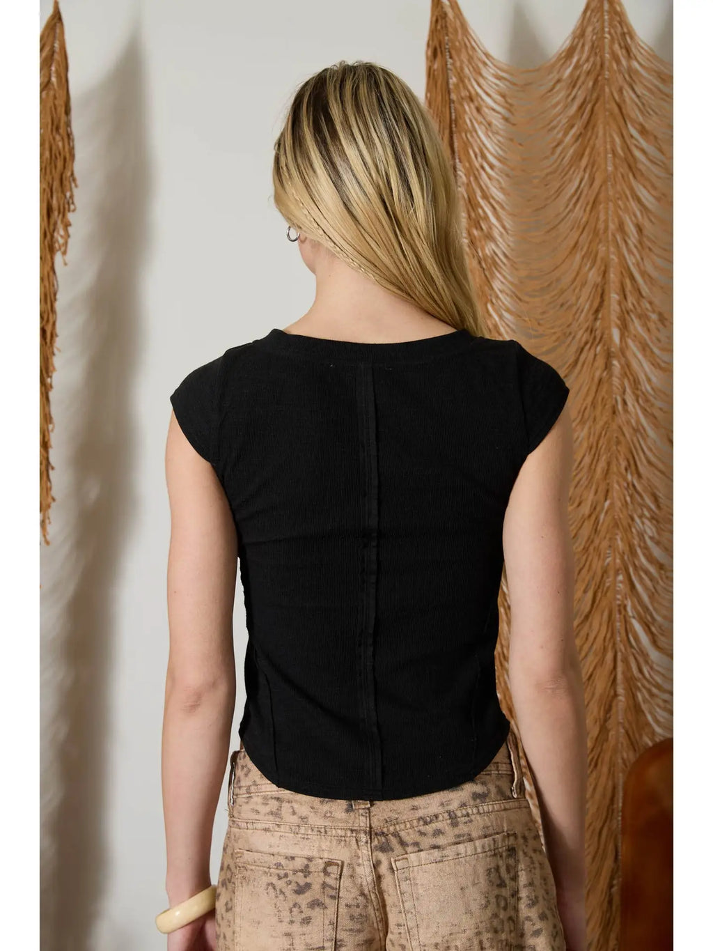 Black Exposed Asymmetrical Seam Henley Knit Top