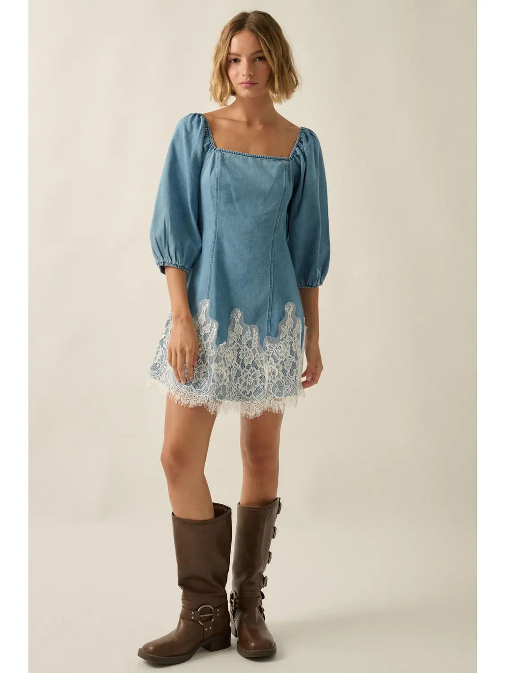 Denim Blue Lace Trim Bubble Sleeve Mini Dress