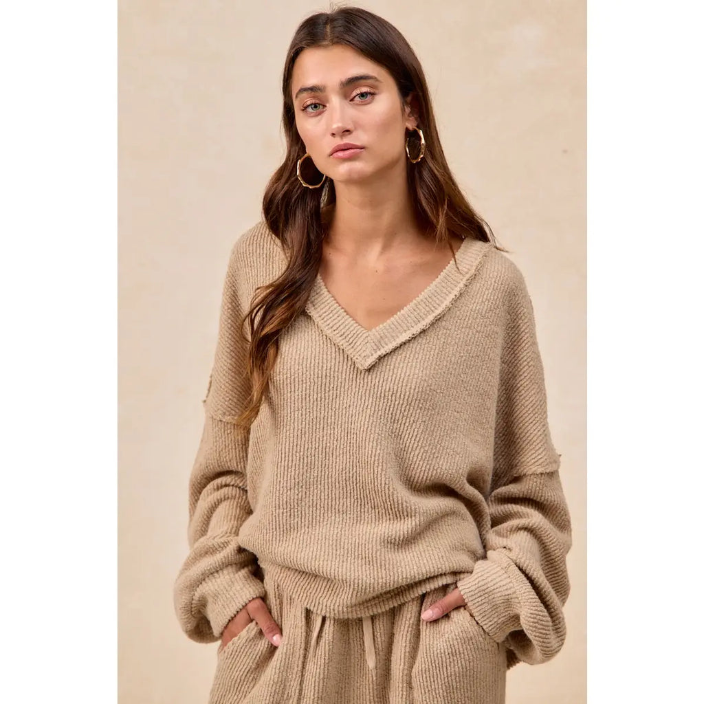 Taupe Boucle Rib Knit V-Neck Top