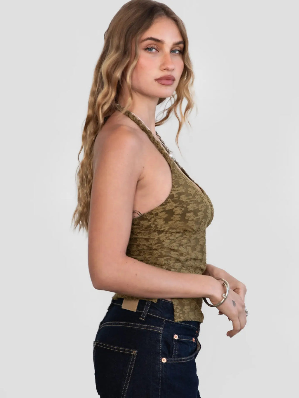 Olive Flocked Mesh Halter Cami