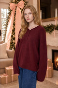 Black Cherry Raw Edge Henley Knit Sweater