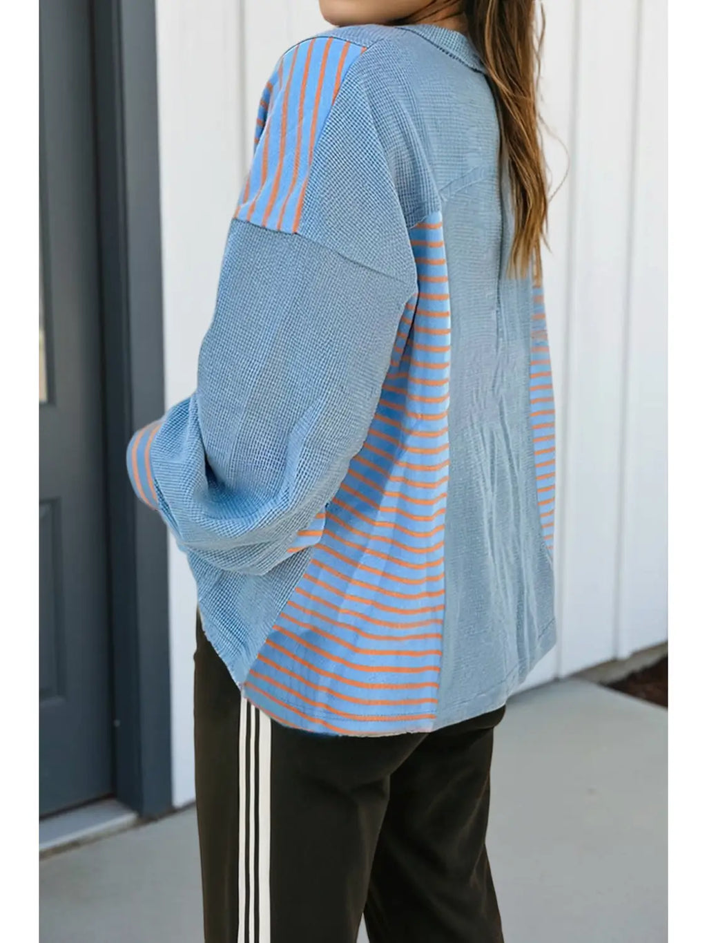 Dusk Blue Exposed Seam Waffle Patchwork Pullover