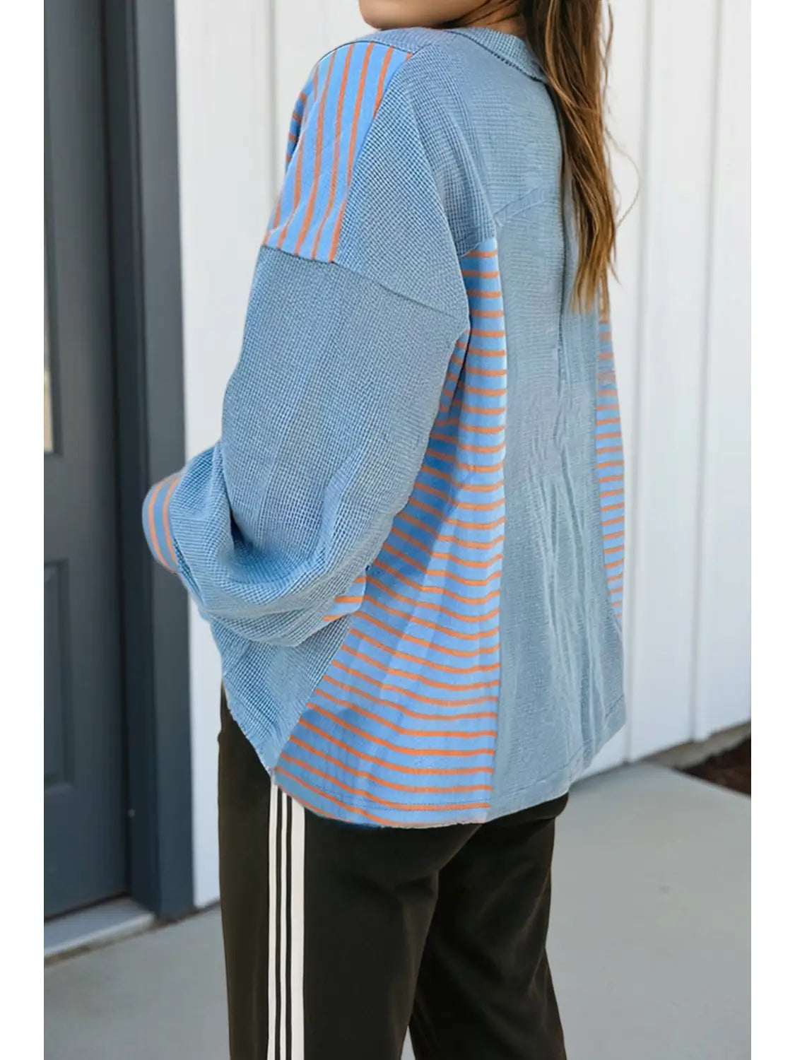 Dusk Blue Exposed Seam Waffle Patchwork Pullover