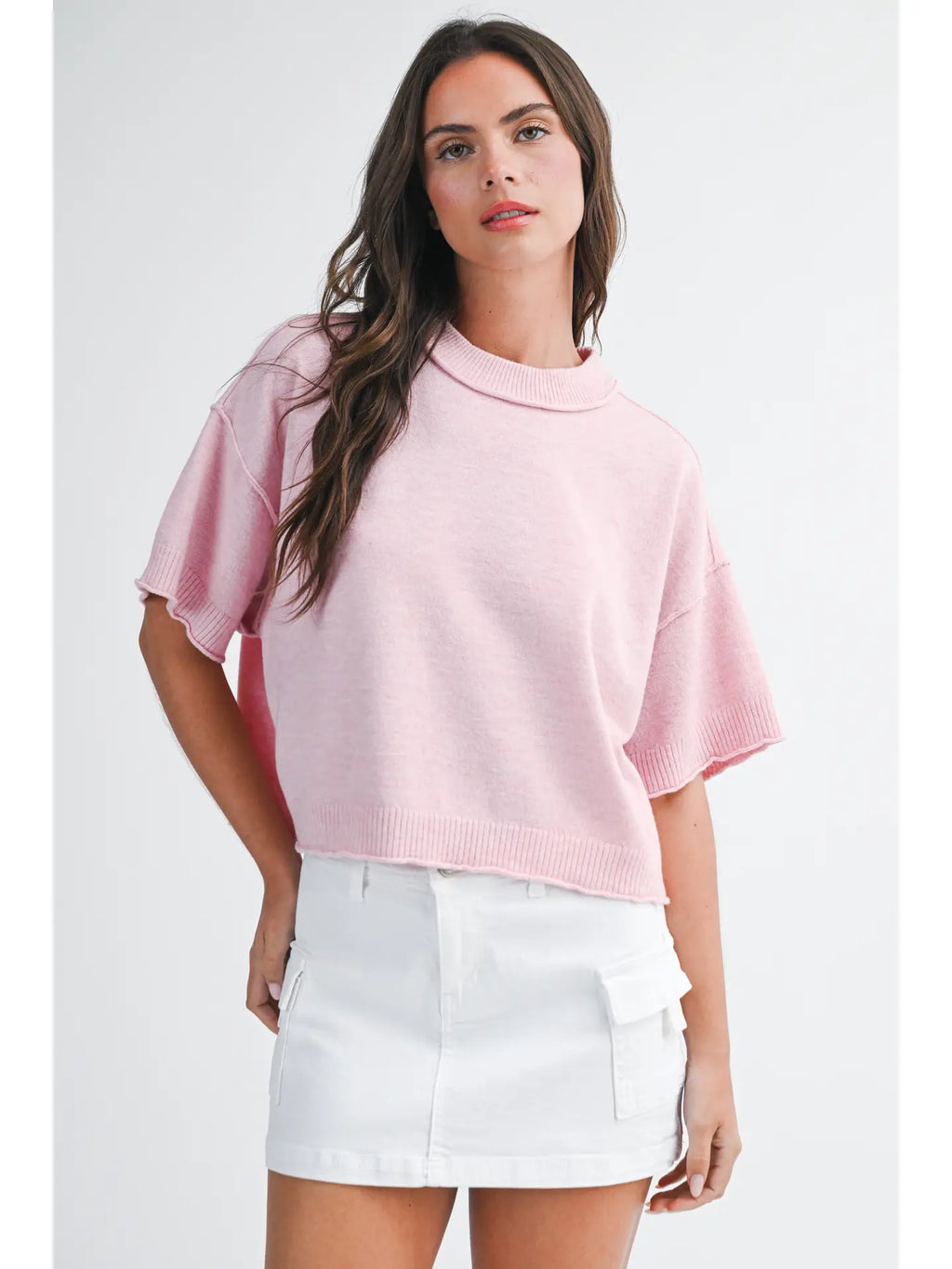 Pink Cropped Short Sleeve Sweater