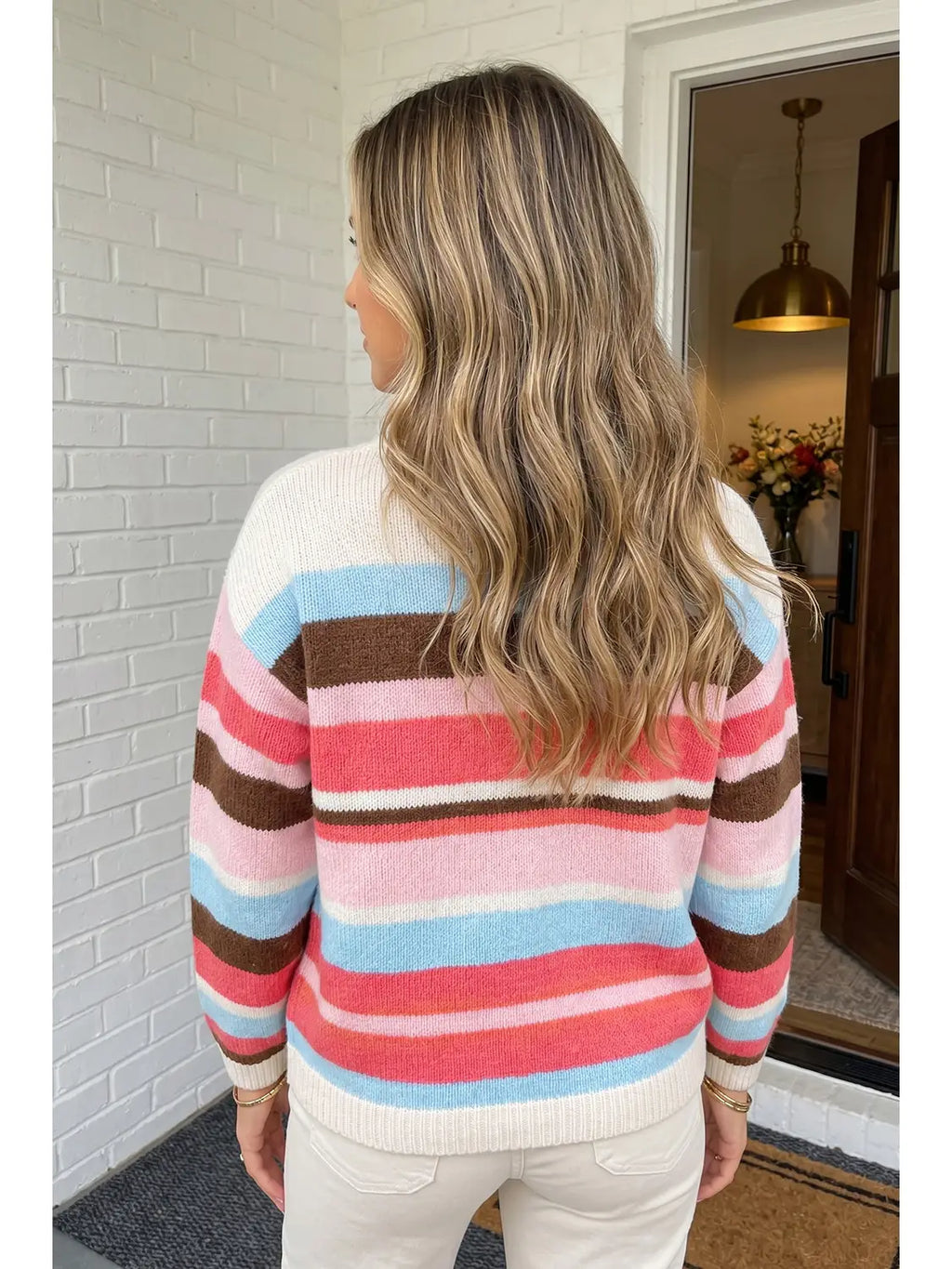 Pink Stripe Colorblock Button Cardigan