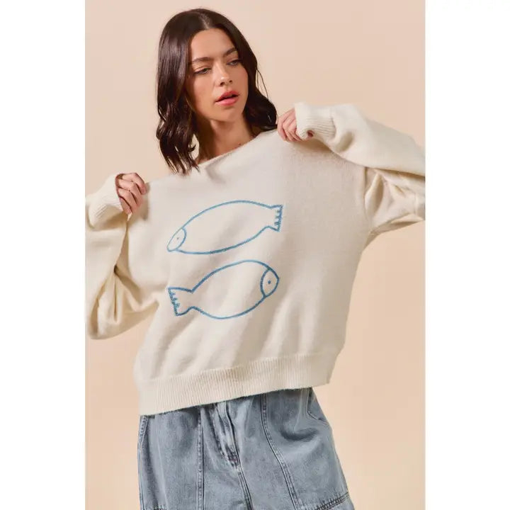 Ivory Fish Embroidered Sweater Top