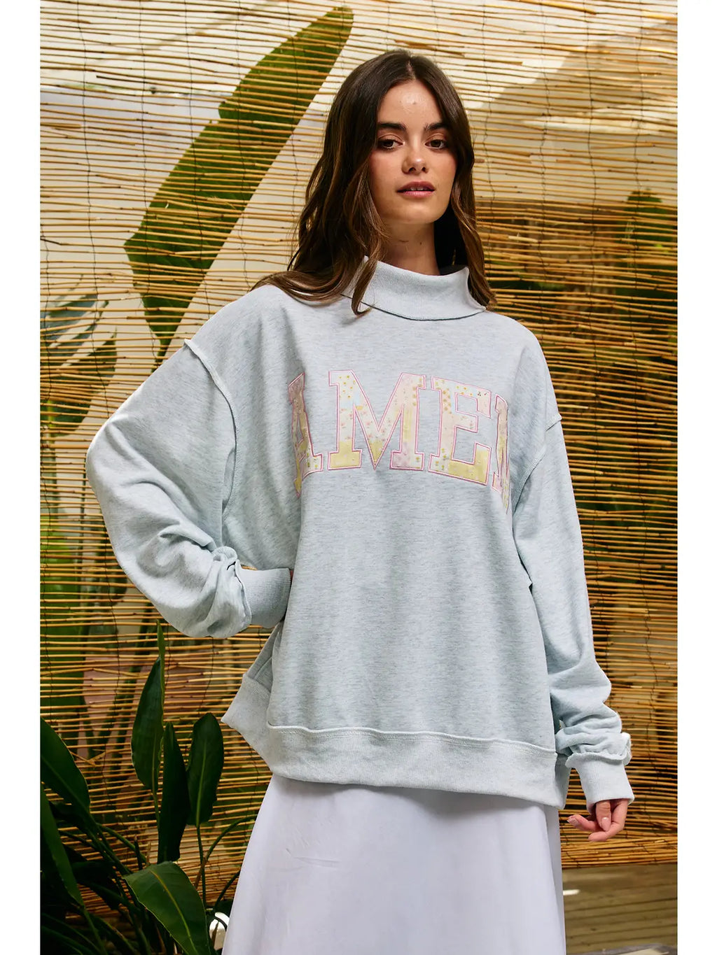 Heather Grey Amen Patchwork Mock Neck Sweatshirt