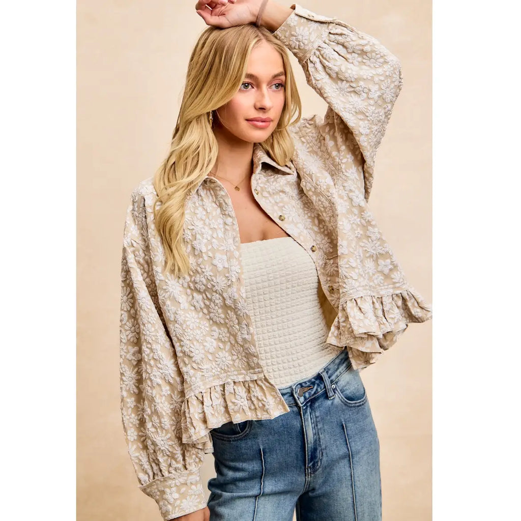 Oatmeal Textured Floral Ruffle Hem Top