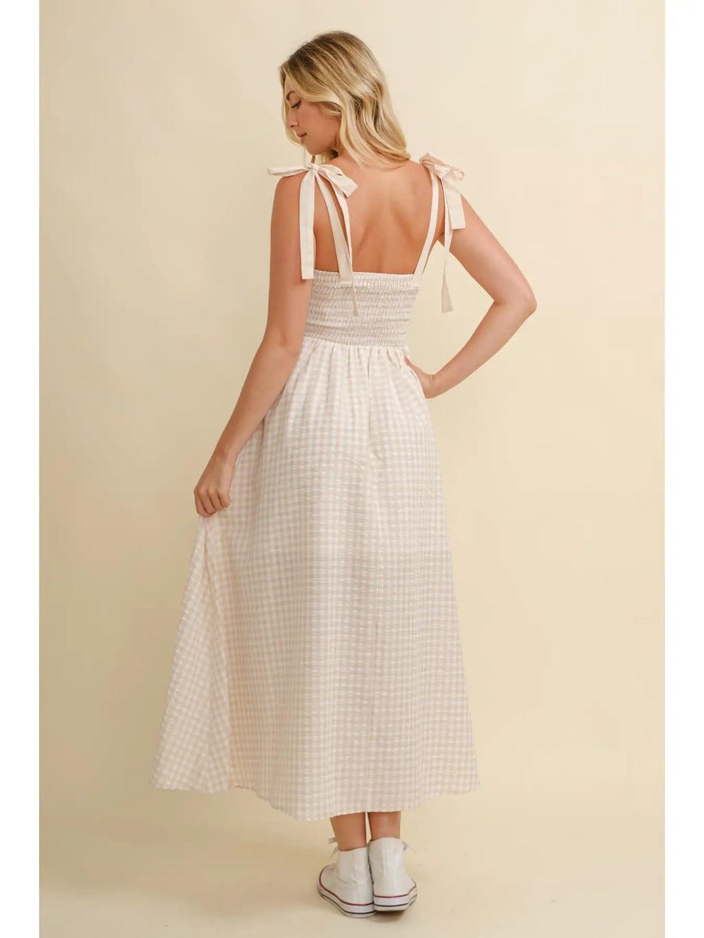 Cream Gingham Strap Tie Maxi Dress