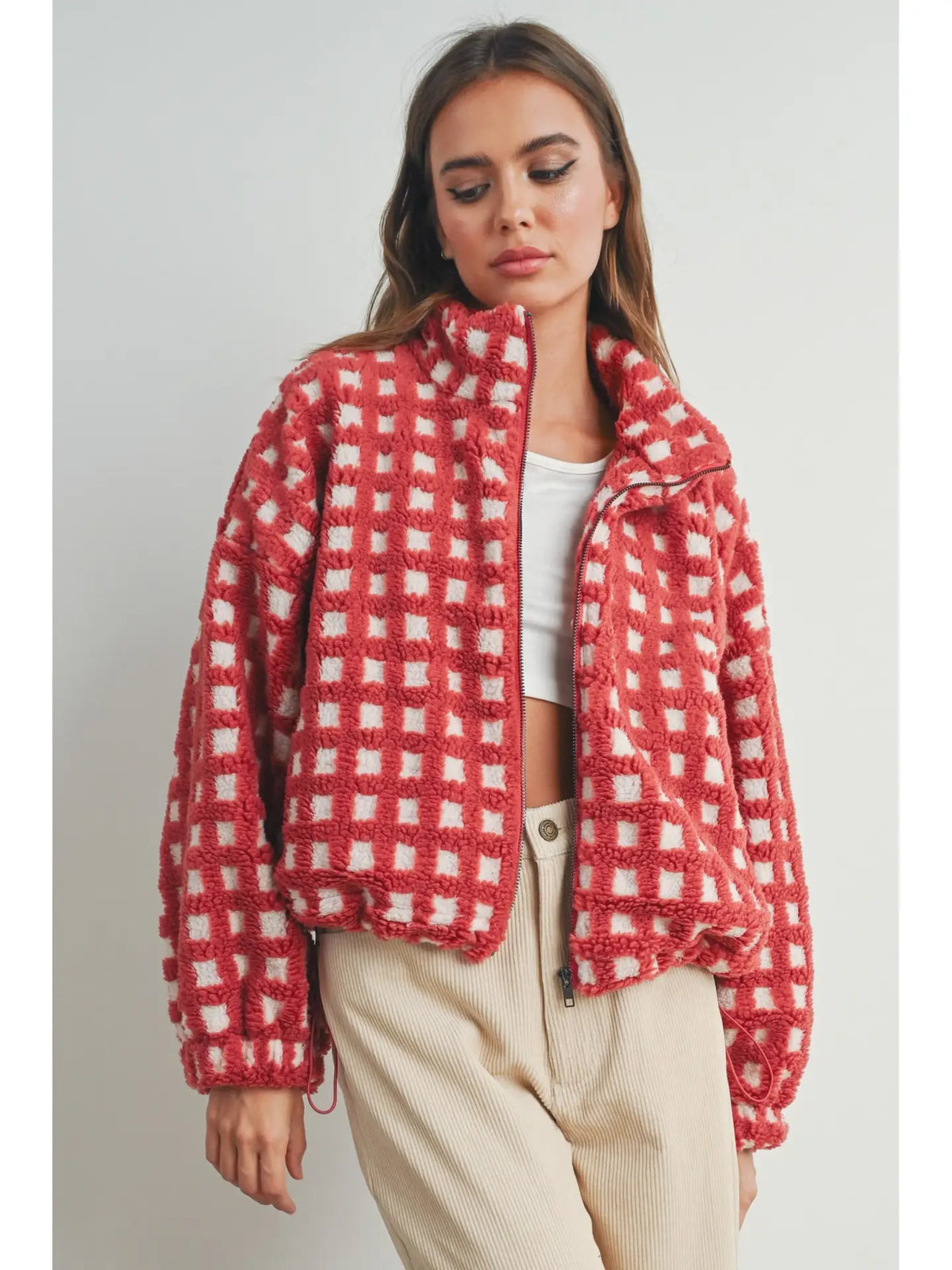 Red Multi Breck Check Sherpa Fleece Jacket