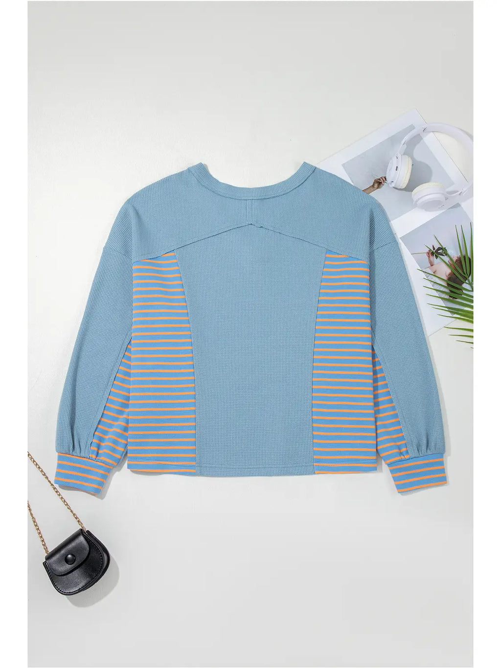 Dusk Blue Exposed Seam Waffle Patchwork Pullover