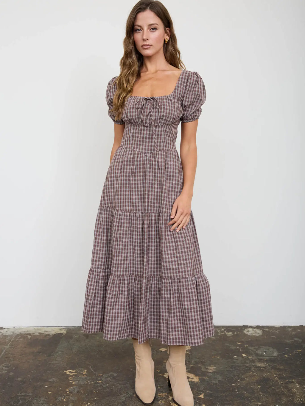 Mocha Plaid Puff Sleeve Corset Midi Dress