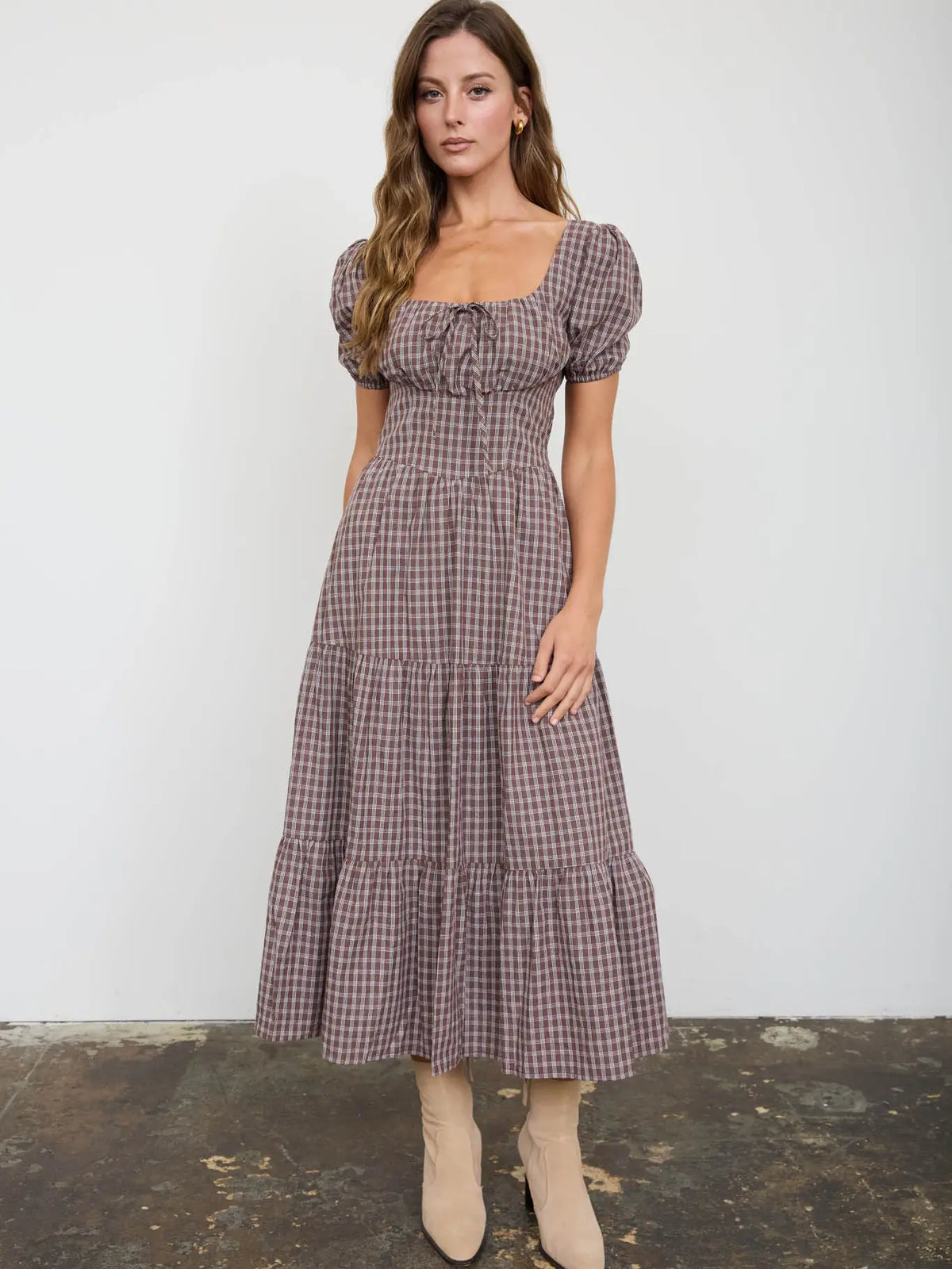 Mocha Plaid Puff Sleeve Corset Midi Dress