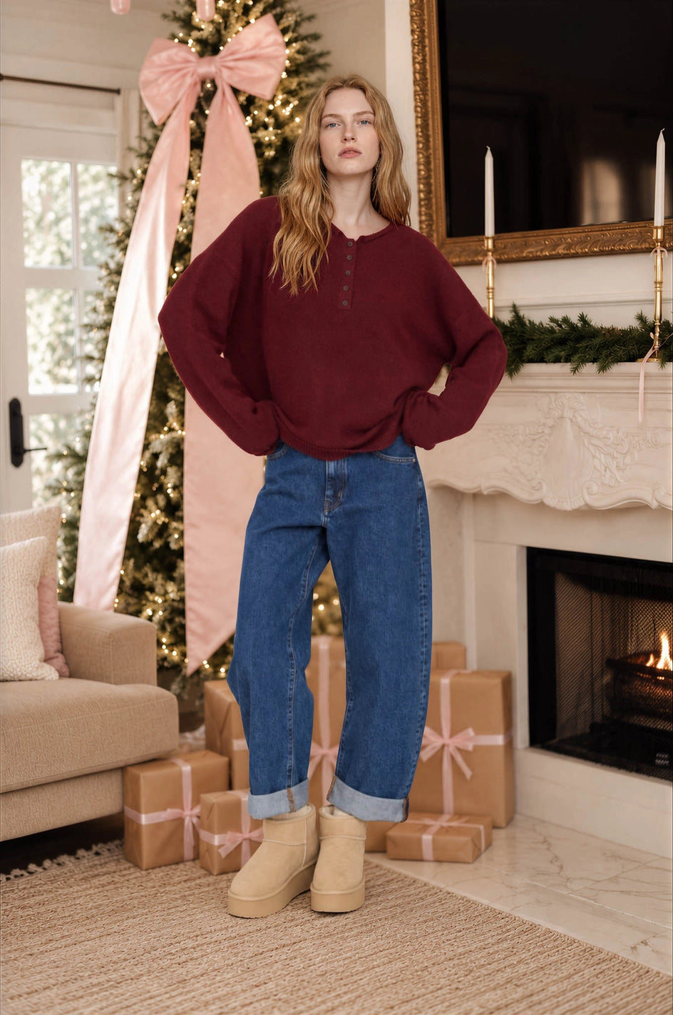 Black Cherry Raw Edge Henley Knit Sweater